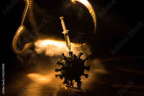 Coronavirus 2019-nCov novel coronavirus concept. Big Corona virus miniature model on wooden table with fog and backlight. Creative artwork decoration. Selective focus.