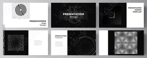 Vector layout of the presentation slides design templates for presentation brochure, brochure cover. Black color technology background. Digital visualization of science, medicine, technology concept.