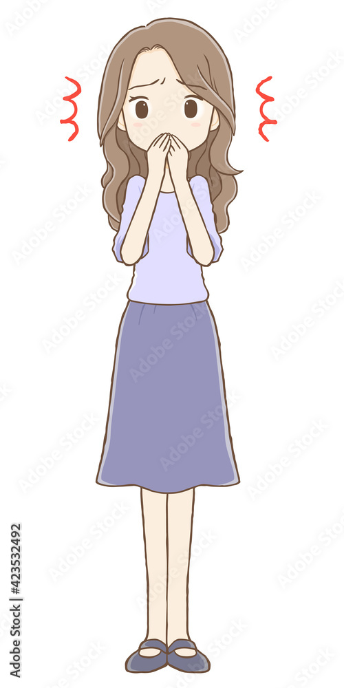 ショックを受けるロングヘアの女性　全身