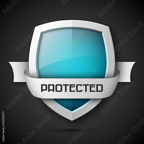 Protected ribbon shield concept with banner. Safety badge icon. Privacy banner tape. Security band protected label. Defense tag. Presentation sticker shape. Defense sign illustration