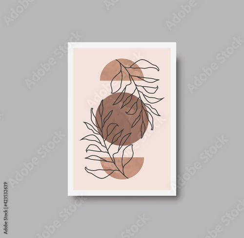 Botanical wall art abstract vector. Foliage line drawing. Neutral boho art print. Minimal mid century wall art print for bedroom decor. Gallery decor poster, terracota watercolor. Vector illustration