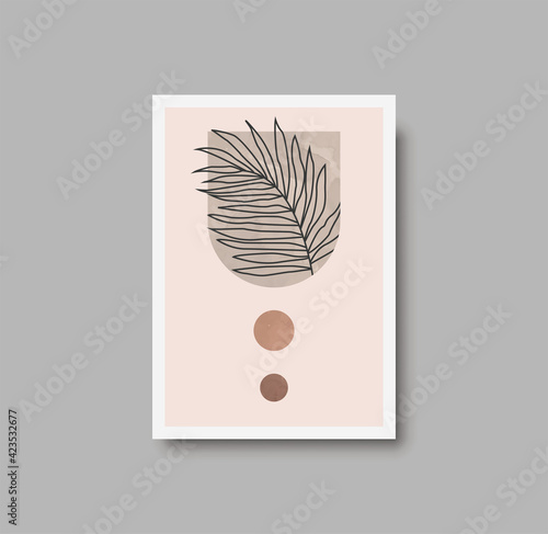 Botanical wall art abstract vector. Foliage line drawing. Neutral boho art print. Minimal mid century wall art print for bedroom decor. Gallery decor poster, terracota watercolor. Vector illustration