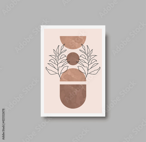 Botanical wall art abstract vector. Foliage line drawing. Neutral boho art print. Minimal mid century wall art print for bedroom decor. Gallery decor poster, terracota watercolor. Vector illustration