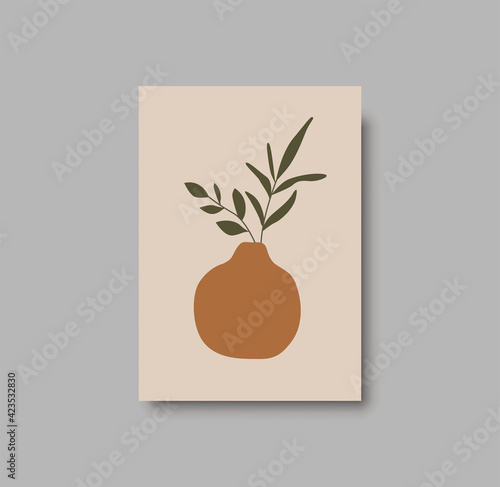 Botanical wall art abstract vector. Foliage line drawing. Neutral boho art print. Minimal mid century wall art print for bedroom decor. Gallery decor poster, terracota watercolor. Vector illustration