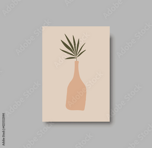 Botanical wall art abstract vector. Foliage line drawing. Neutral boho art print. Minimal mid century wall art print for bedroom decor. Gallery decor poster, terracota watercolor. Vector illustration