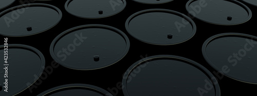 Black metal oil barrels background, industrial concept, panoramic image