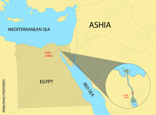 Maritime traffic jam. Container cargo ship run aground and stuck in Suez Canal, blocking world's busiest waterway. Showing with the help of a map.