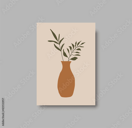 Botanical wall art abstract vector. Foliage line drawing. Neutral boho art print. Minimal mid century wall art print for bedroom decor. Gallery decor poster, terracota watercolor. Vector illustration