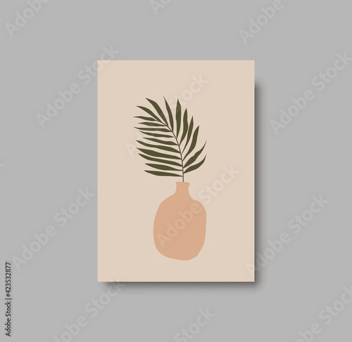 Botanical wall art abstract vector. Foliage line drawing. Neutral boho art print. Minimal mid century wall art print for bedroom decor. Gallery decor poster, terracota watercolor. Vector illustration