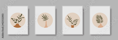 Botanical wall art abstract vector. Foliage line drawing. Neutral boho art print set. Minimal mid century wall art print for bedroom decor. Gallery decor poster, terracota colors. Vector illustration