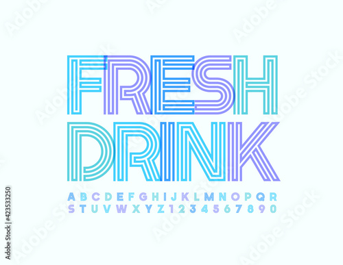 Vector stylish emblem Fresh Drink. Creative maze Font. Artistic Alphabet Letters and Numbers set