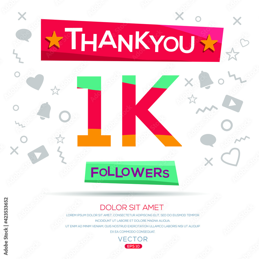 Obraz premium Creative Thank you (1k, 1000) followers celebration template design for social network and follower ,Vector illustration.