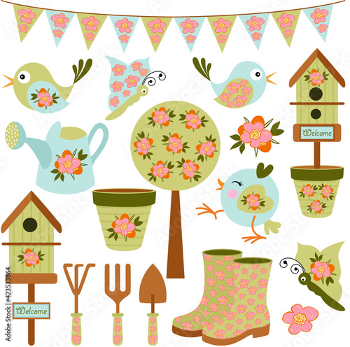 Set of different gardening spring digital elements
