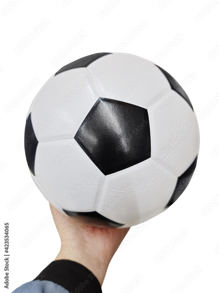 Soccer ball on men's palm separately with white background.