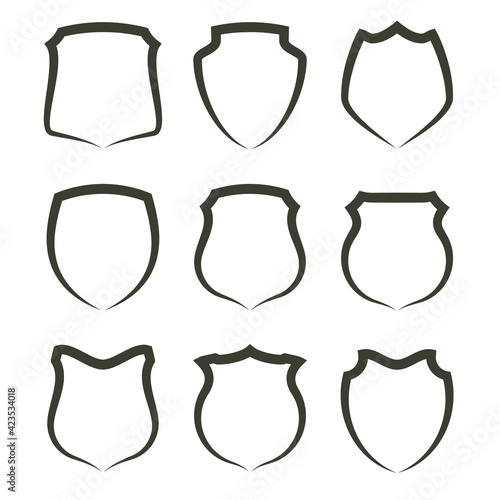 Protect guard shield plain line concept. Outline shield badge. Safety icon set. Privacy banner kit. Security label. Flat style protect sticker symbol shape. Safeguard simple sign. linear pictogram