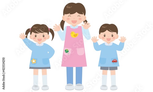 幼稚園の先生と幼稚園児（全身）