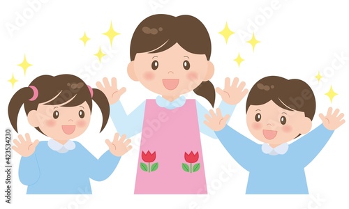 キラキラな幼稚園の先生と幼稚園児（上半身）