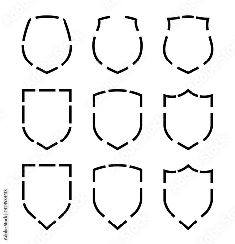 Protect guard shield plain line concept. Outline shield badge. Safety icon set. Privacy banner kit. Security label. Flat style protect sticker symbol shape. Safeguard simple sign linear pictogram