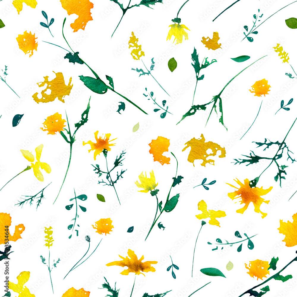 Colorful watercolor seamless pattern. Yellow wildflowers on white background with foliage and greenery. Daisy flowers, meadow flowers. Suitable for wrapping paper, fabric, cloths, business cards
