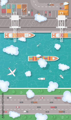 Illustration of a cargo port in flat style. Top view of the harbor. Container ship, yachts, boats, sea transport in the port. Highway top view.