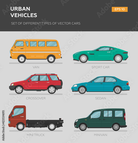 Urban vehicles. Set of different types of vector cars: sedan, hatchback, minivan, pickup, suv, station wagon, truck. Cartoon flat illustration. Auto for graphic and web design.