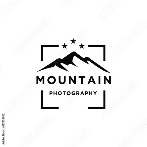 Mountain Landscape with Lens Frame and Star for Adventure Outdoor Nature Photography Photographer Logo Design