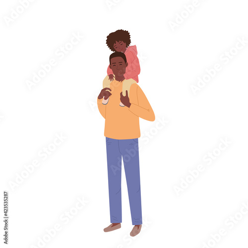 A man holds a beautiful daughter on his shoulders.The dark-skinned girl and her father smile. Illustration of happy Fathers Day. Cute full length characters isolated on a white background.
