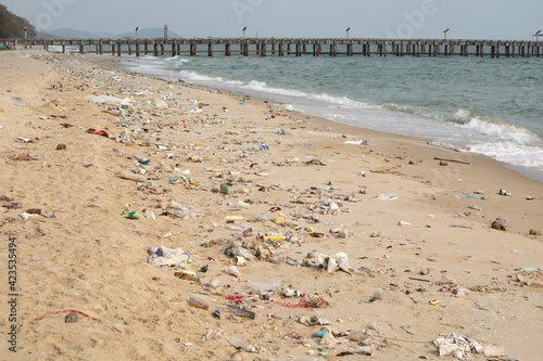 rubbish, garbage, plastic and other pollution from ocean ashore to the beach (environment concept) photo