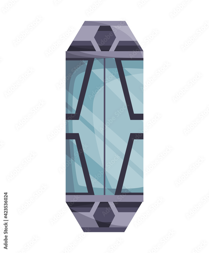 Lift mechanism in cartoon style. Modern elevator made of glass and metal. Cabins of mechanical lift. Cartoon modern house interior element Lift mechanism in cartoon style. Modern elevator made of glass and metal. Cabins of mechanical lift. Cartoon modern house interior element