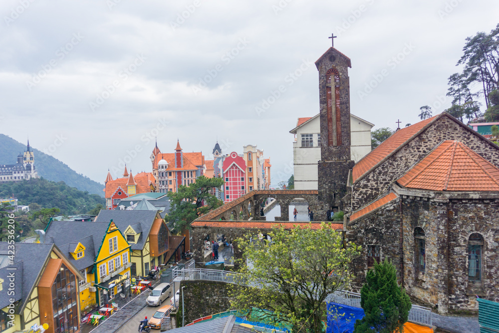 Houses and church of European architecture in Tam Dao, a tourists attraction in Vietnam