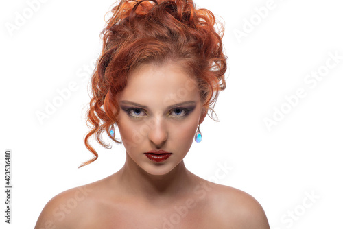 Beauty Portrait. Curly Hair on white background
