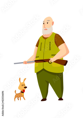 Old hunter character with rifle and little hunting dog . Man with a gun in camouflage in cartoon style. Human with weapons on hunting