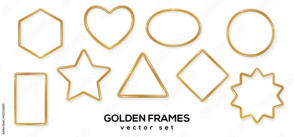 Set of golden 3d shiny glowing geometric frames with shadows isolated on white background. Vector illustration. Gold luxury realistic borders, labels, modern badges, bronze metal wire speech bubbles Set of golden 3d shiny glowing geometric frames with shadows isolated on white background. Vector illustration. Gold luxury realistic borders, labels, modern badges, bronze metal wire speech bubbles