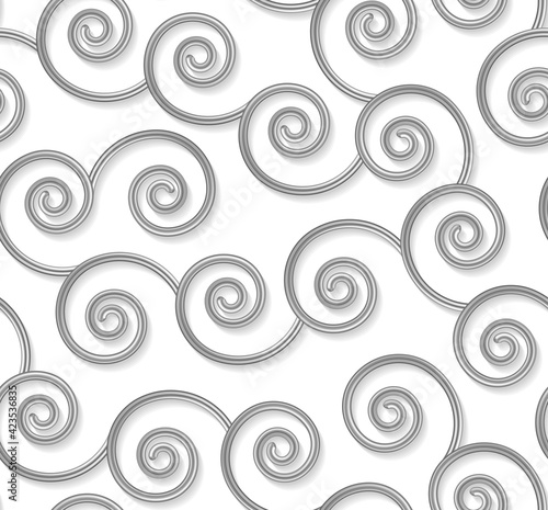 Curly seamless pattern, 3d silver wavy lines on white. Vector illustration. Gray metal curl elegant background. Fashion swirl shape texture backdrop.
