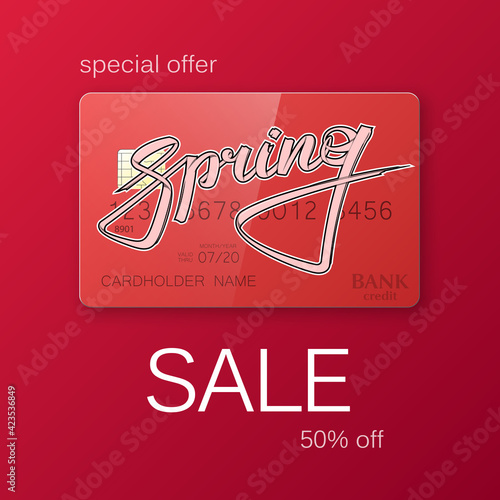 Graffiti street style spring sale text. Lettering discount credit card special offer spring banner. Debet card spring sale 50% off banner. advertising title spring Abstract paper lettering card