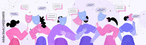 people covering face emotions behind masks fake feeling depression mental disorder chat bubble communication