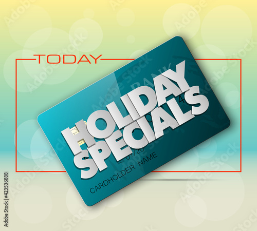 Holiday specials sale & credit bank card banner. Abstract advertising background plastic card icon. Advertising discount poster. online banking tag flyer, Promotional internet shopping sale brochure