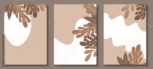 Floral web banner with drawn color exotic leaves. Nature concept design. Modern floral collection of contemporary posters. Vector illustration for social media, print, postcards