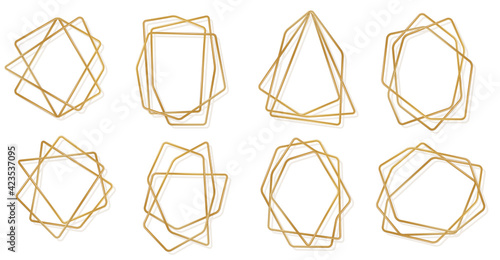 Set of golden 3d geometric polygonal frames isolated on white background. Thin line art deco label for wedding invitation. Vector illustration. Gold luxury crystal borders, brass metal wire badges