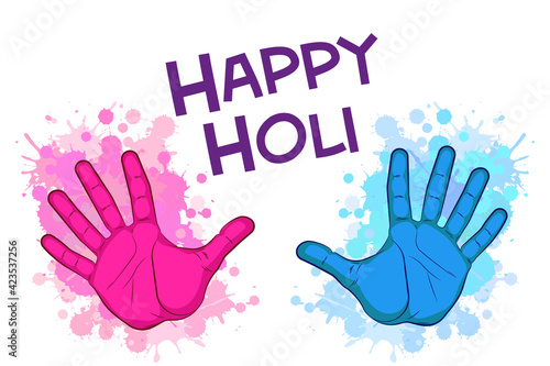 Happy holi palm elements card color blotch blur design. Greeting banner Happy holi hand colorful blot paint design. India holiday festive bright arm banner.