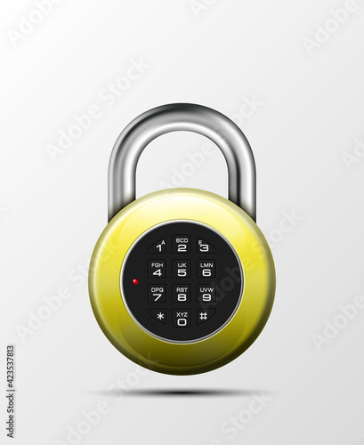 realistic closed padlock. Steel Mechanical Combination lock. Privacy padlock illustration. Enter the PIN code. Electronic lock icon. Reliable Protection padlock badge. Code combination symbol