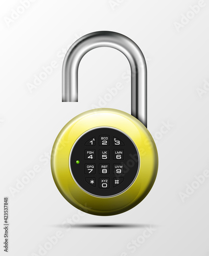 realistic opened padlock. Steel Mechanical Combination lock. Privacy padlock illustration. Enter the PIN code. Electronic open lock icon. Reliable padlock Protection badge. Code combination symbol