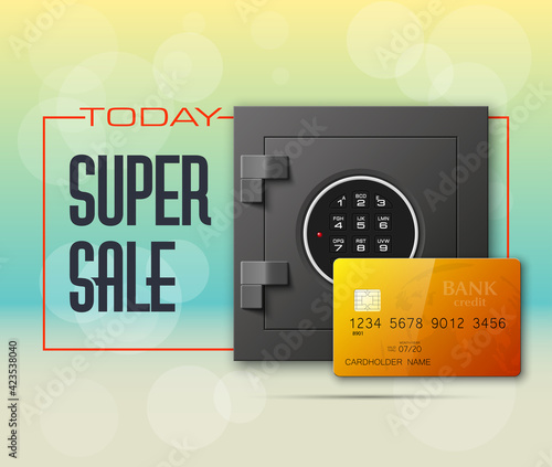 Credit card & Electronic lock picture. Bank door card & image combination lock front side banner. Plastic card & steel safe. Debit card & electromagnetic locking devices chip. Online payment banner