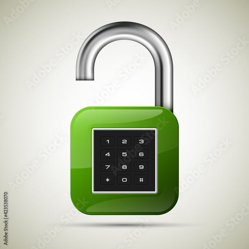 realistic opened padlock. Steel Mechanical Combination lock. Privacy padlock illustration. Enter the PIN code. Electronic lock icon. Reliable Protection open padlock badge. Code combination symbol