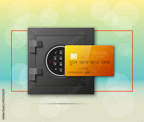 Credit card & Electronic lock picture. Bank door card & image combination lock front side banner. Plastic card & steel safe. Debit card & electromagnetic locking devices chip. Online payment banner