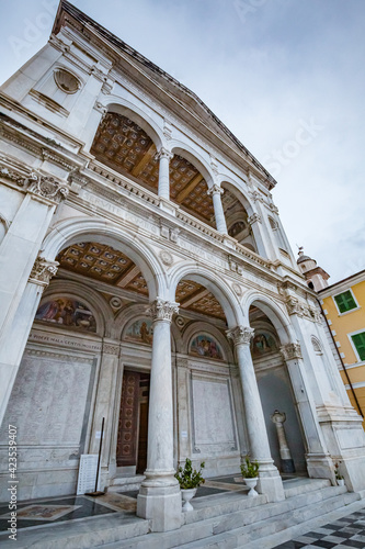 Cityscape. View of facade exterior of Saint Peter and Francis cathedral (Duomo) in Massa-Carrara, Tuscany, Italy