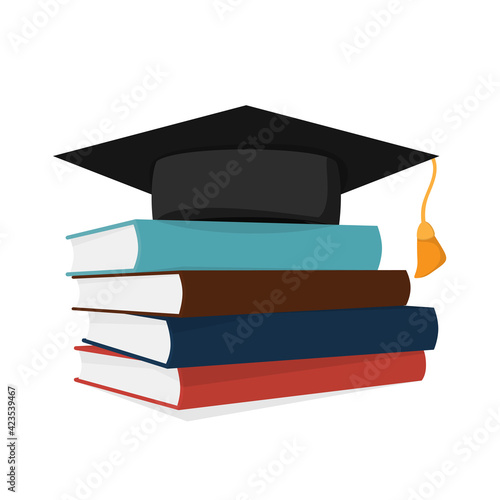 Stack of color books. A pile of books with a square graduation hat at the top.