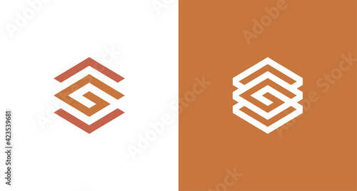 Abstract letter G hexagon logo with arrow up and down, geometric initial G, layer, expand, monogram, augmented reality. AR logo template