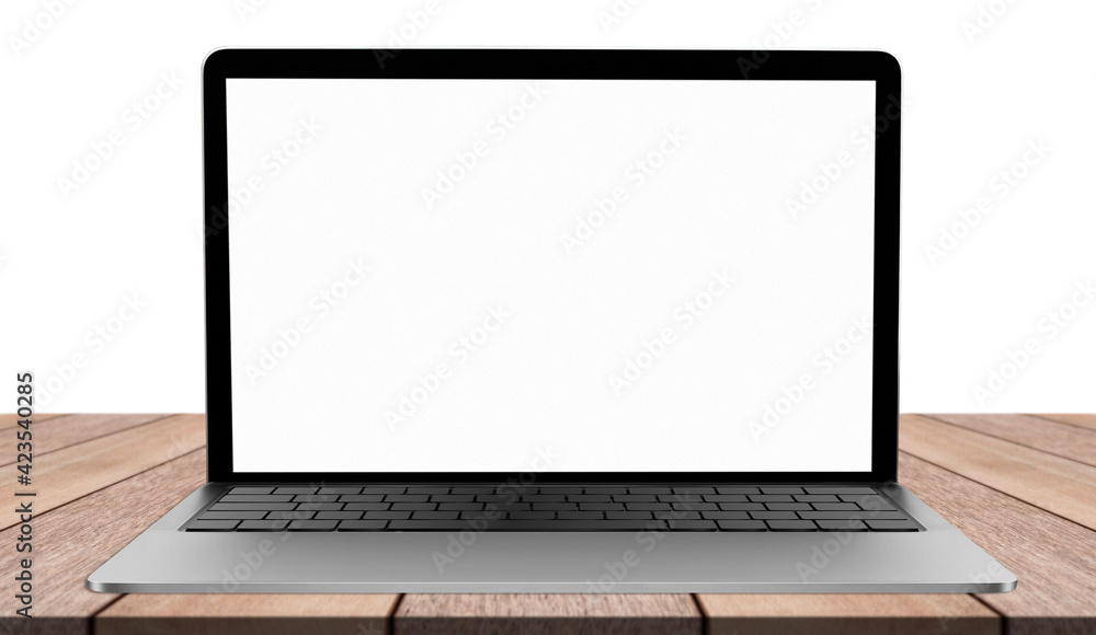 Empty scene laptop on wood top table with isolated white background, Included clipping path Empty scene laptop on wood top table with isolated white background, Included clipping path