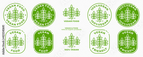 Concept for product packaging. Labeling - vegan. Plant icon with liquid line - symbol of natural products. Vector set.